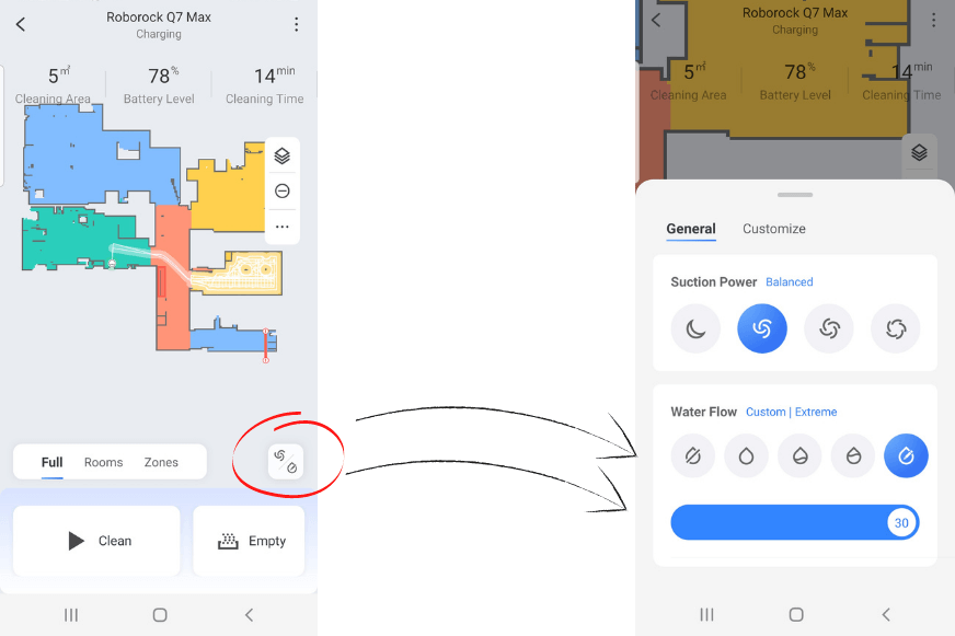 В приложении Roborock вы можете регулировать подачу воды, выбирая различные уровни 